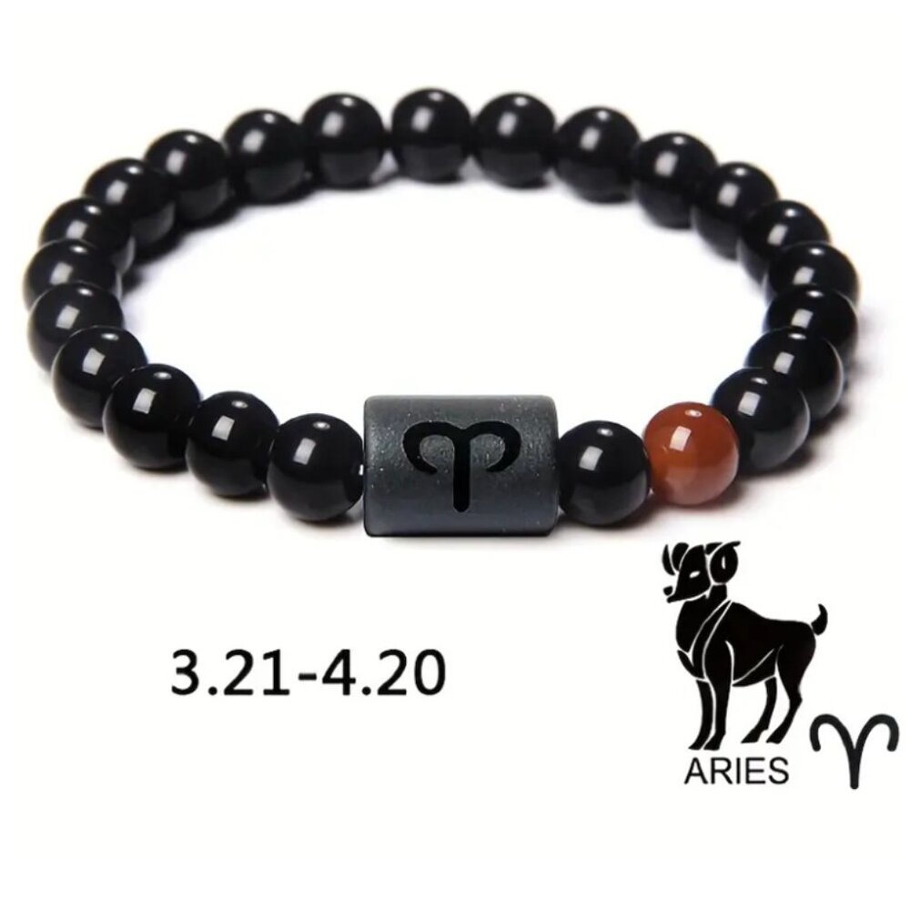 Aries Zodiac Signs Charm Bracelet Natural 8mm Black Onyx Stone Beads